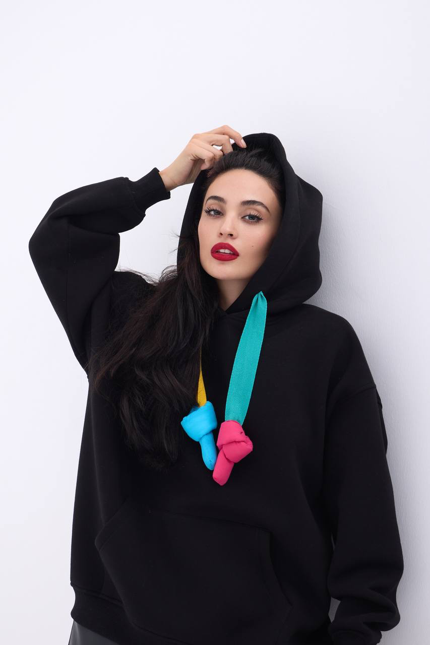 Trendy Black Hoodie with Colorful Knot Accents