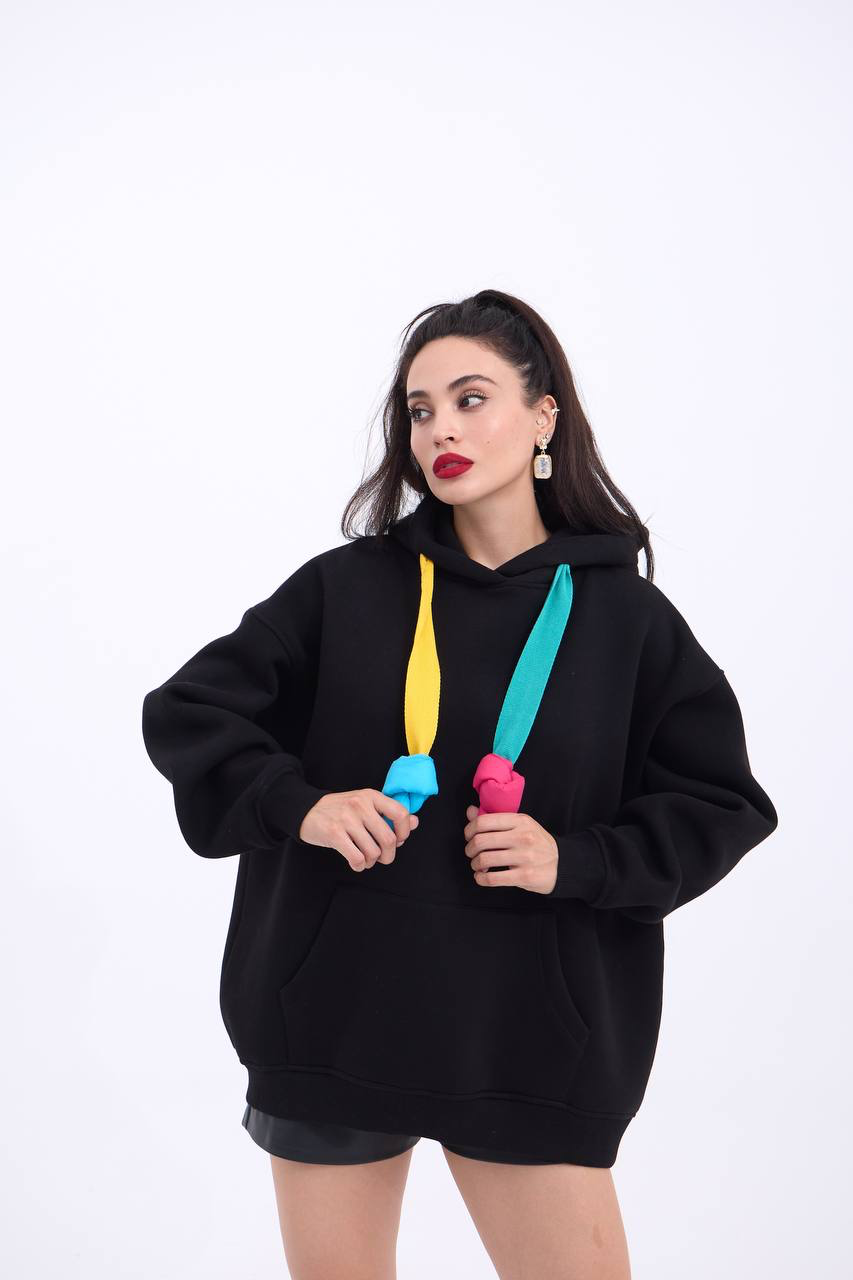 Trendy Black Hoodie with Colorful Knot Accents