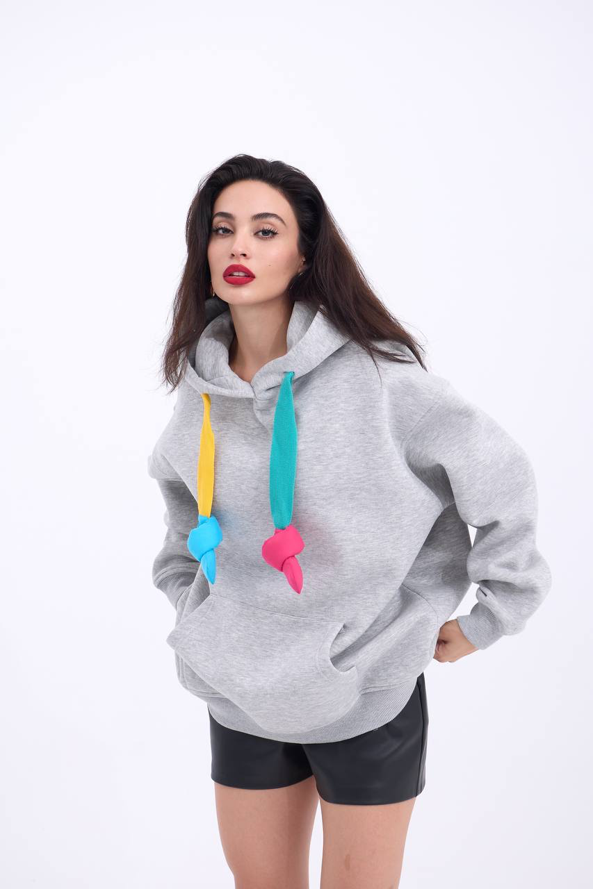 Trendy Gray Hoodie with Colorful Knot Accents