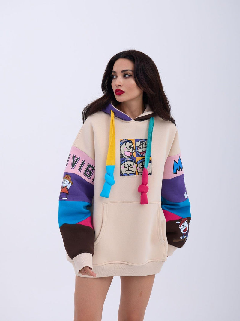 Colorful Patchwork Hoodie with Cartoon Graphics