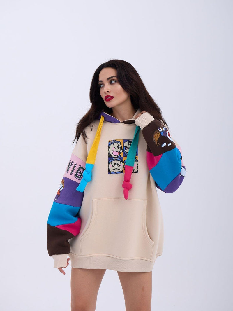 Colorful Patchwork Hoodie with Cartoon Graphics