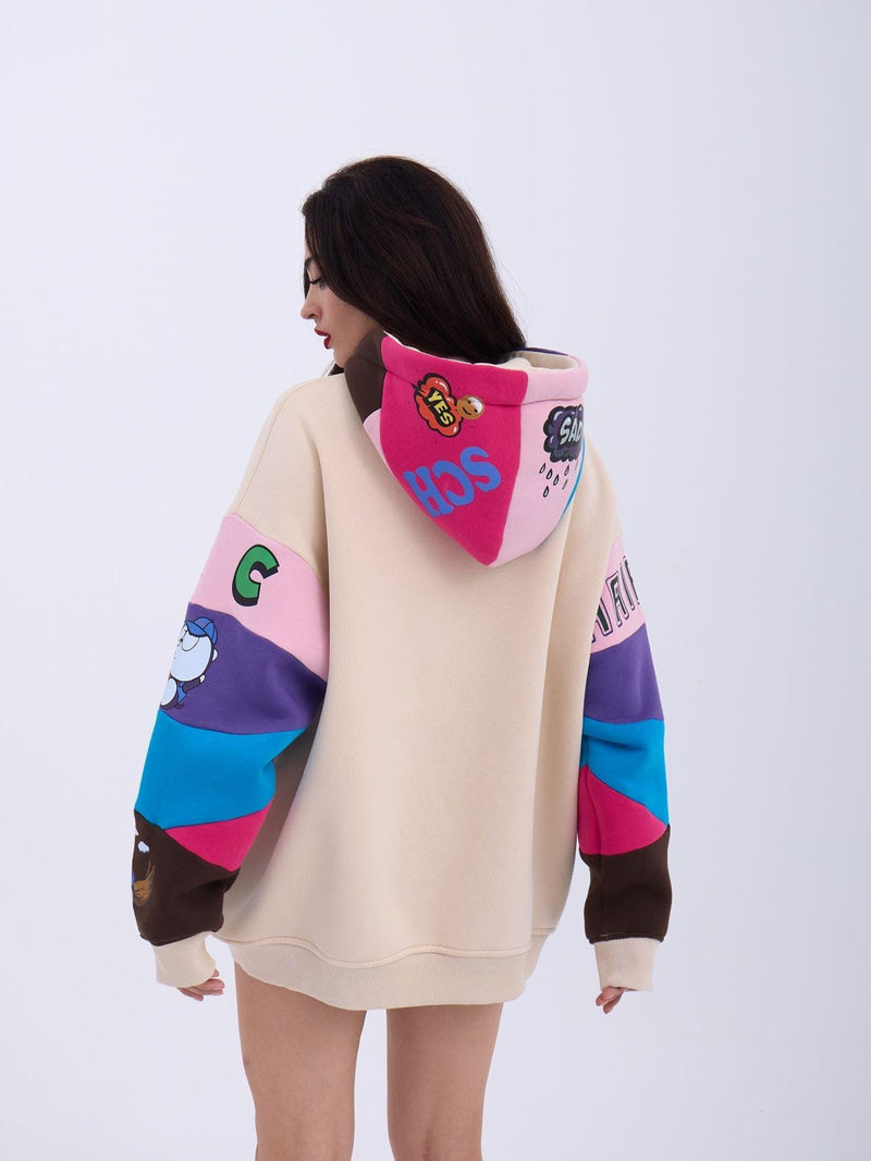 Colorful Patchwork Hoodie with Cartoon Graphics