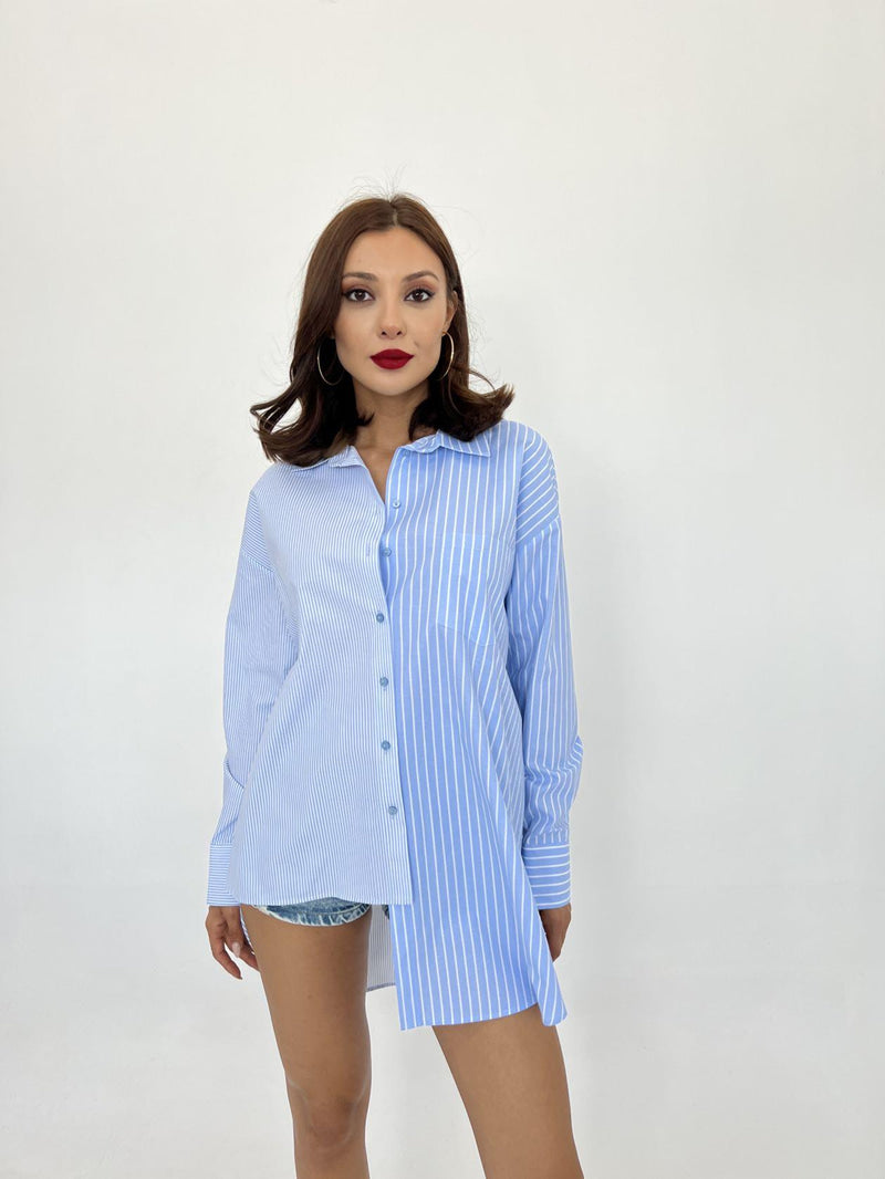 Oversized Two-Tone Blue Striped Shirt