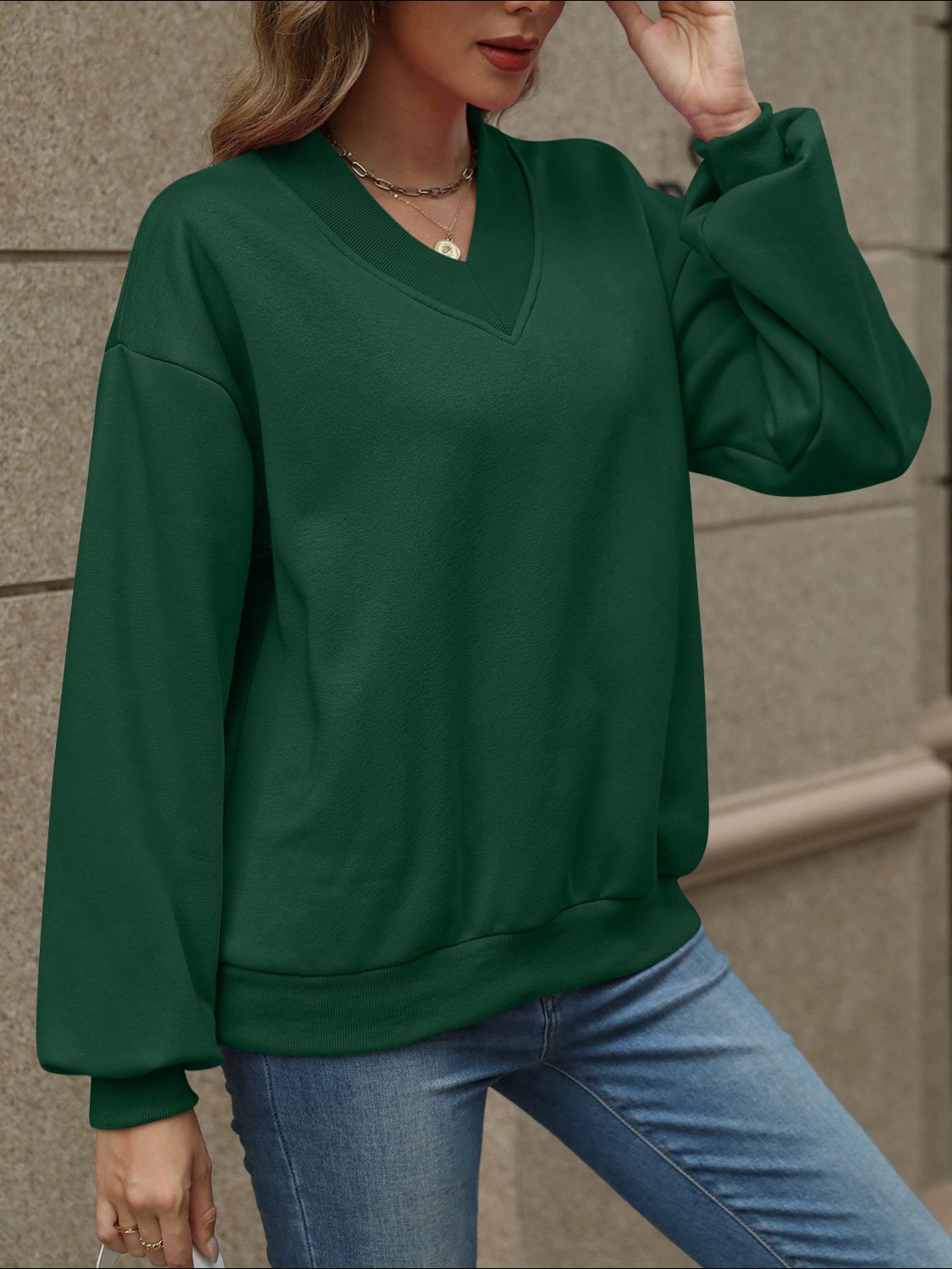 V-Neck Long Sleeve Dropped Shoulder Sweatshirt