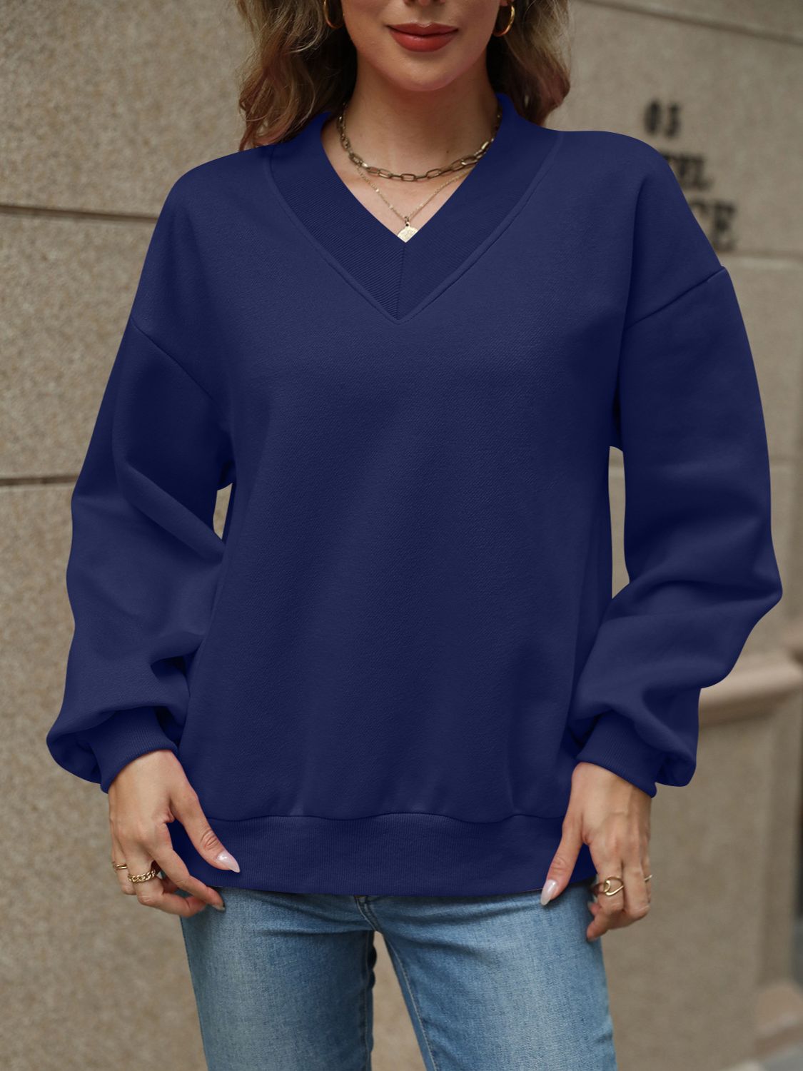 V-Neck Long Sleeve Dropped Shoulder Sweatshirt