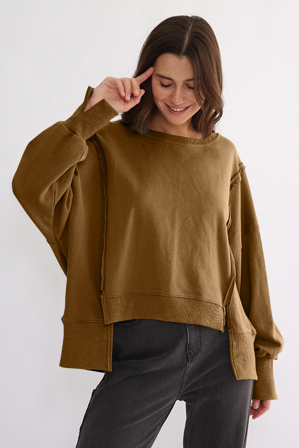 Exposed Seam High-Low Long Sleeve Sweatshirt