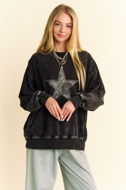 Davi & Dani Stud Star Patch Acid Washed Sweatshirt